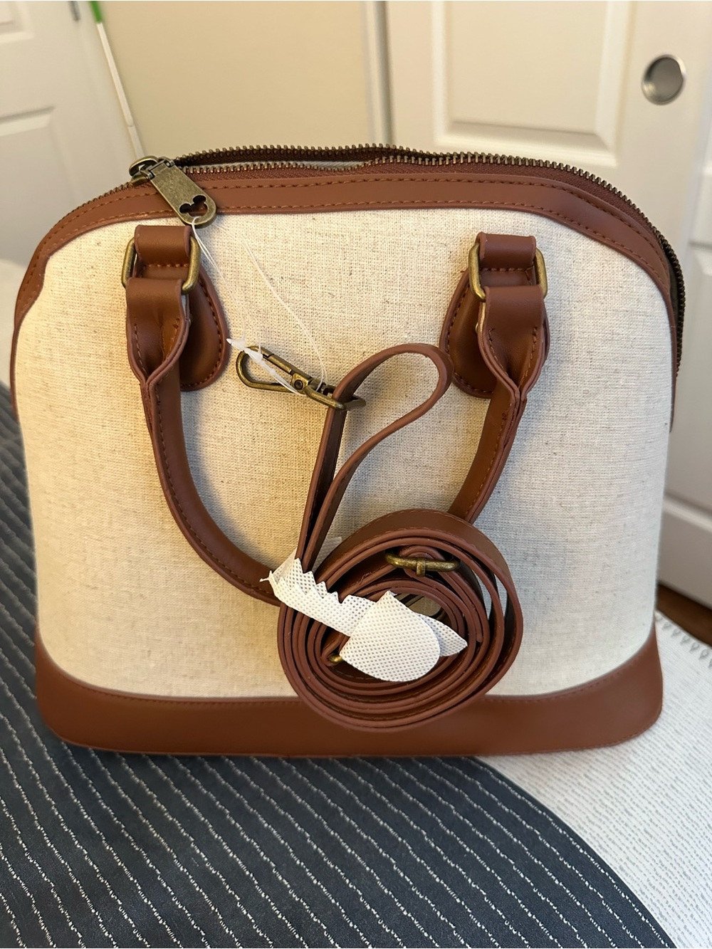 Disney Beige Canvas Mickey Satchel with Brown Trim - Picture 2 of 4